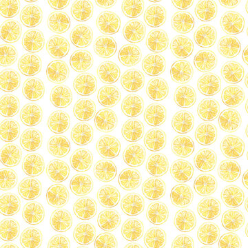 Seamless watercolor pattern with lemon slices on white background