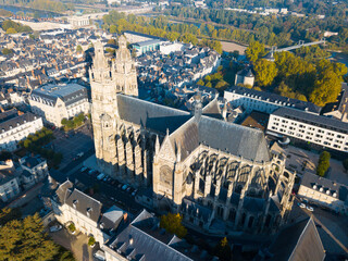 View from drone of Cathedral of St Gatien, Tours, France, on sunrise