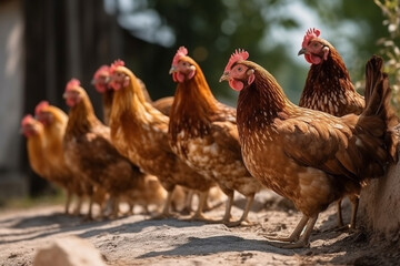 Close-up of free-range red-brown domestic chickens in sunny village. Generative AI