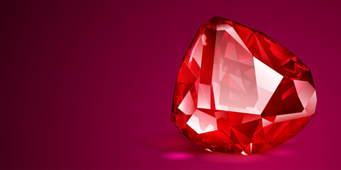 A big precious red crystal like an ruby with highlights and shadow on a color background. Faceted gemstone