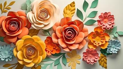 3d floral craft wallpaper. orange, rose, green and yellow flowers in light background. generative ai