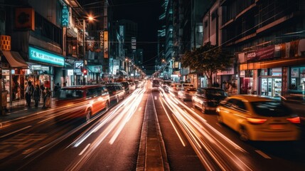 Fototapeta na wymiar A bustling city street at night, captured in a long exposure shot to create a beautiful motion blur effect. generative ai