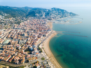 Aerial view of center and embankment of resort town Roses, Catalonia