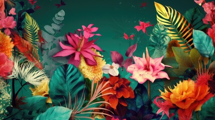 A digital collage of tropical plants and flowers with a bright and bold color scheme. generative ai