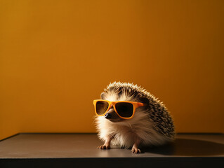 A Hedgehog Wearing Sunglasses Sitting at a Table with an Orange Wall | Generative AI