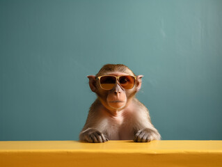 A Monkey Wearing Sunglasses Sitting at a Table with a Gray Wall | Generative AI