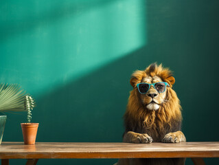 A Lion Wearing Sunglasses Sitting at a Table with a Green Wall | Generative AI