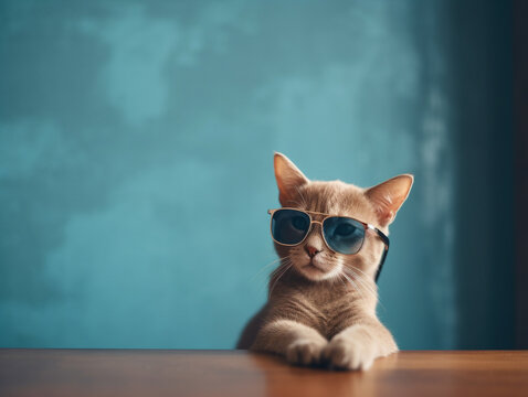 A Kitten Wearing Sunglasses Sitting at a Table with a Blue Wall | Generative AI