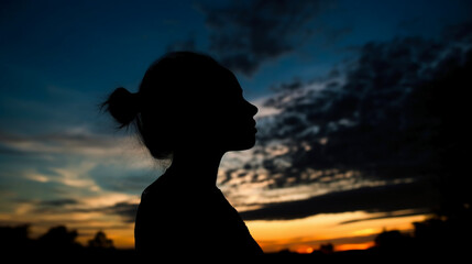 Side view, Silhouette of the face, a person, low angle, blurred fresh dawn sky. AI generative