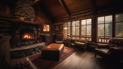 Cozy cabin in the mountains, with a wood - burning fireplace and warm furnishings. The atmosphere is inviting and relaxing. generative ai