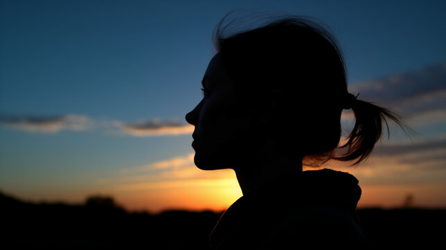 Side view, Silhouette of the face, a person, low angle, blurred fresh dawn sky. AI generative