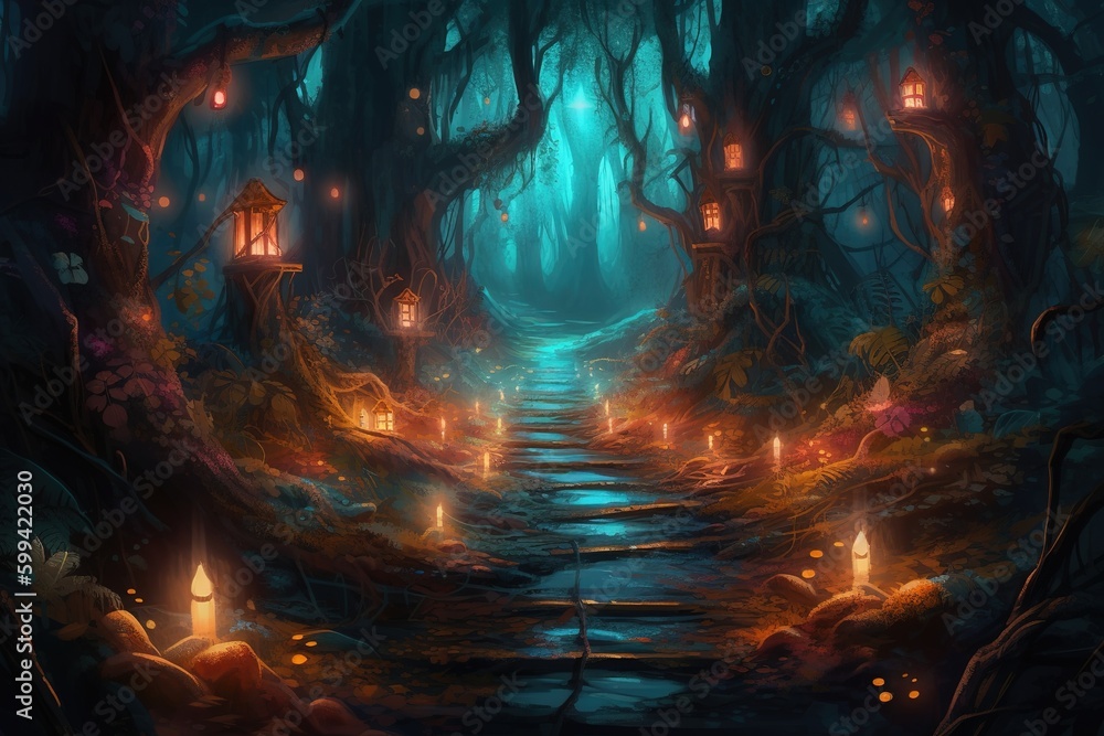 Poster an image depicting a road that winds its way into the woods generative ai