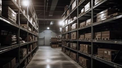 Industrial warehouse, with stacks of boxes and metal shelving. The lighting is harsh and white. generative ai