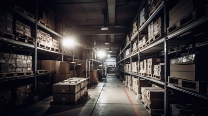 Industrial warehouse, with stacks of boxes and metal shelving. The lighting is harsh and white. generative ai