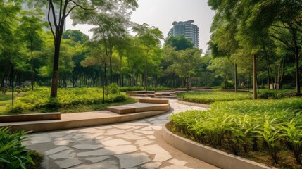 Modern city park, with sleek design and lush greenery. The atmosphere is sophisticated and refreshing. generative ai