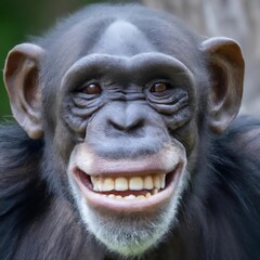 High quality close up photo of a cute chimpanzee smiling with teeth showing and facing front