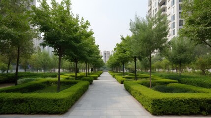 Obraz premium Modern city park, with sleek design and lush greenery. The atmosphere is sophisticated and refreshing. generative ai
