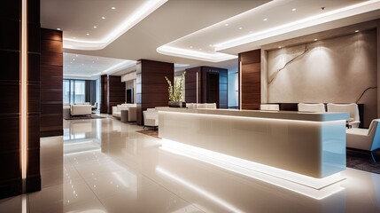 Modern hotel lobby interior, with sleek design and luxurious decor. The atmosphere is sophisticated and welcoming. generative ai