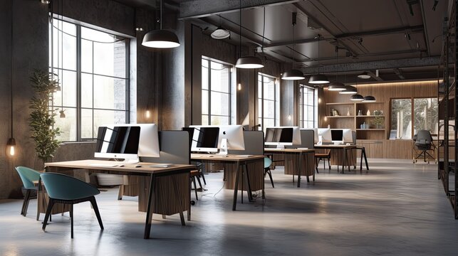Modern office interior, with sleek design and bright lighting. The atmosphere is sophisticated and professional. generative ai