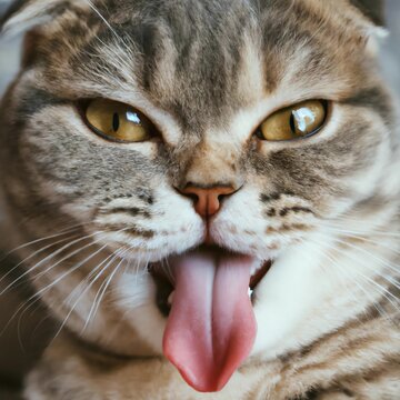 High quality close up photo of a smiling scottish fold cat facing front and tongue sticking out