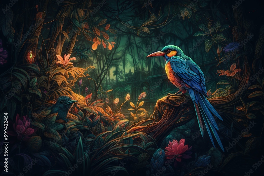 Poster a cartoon depiction of a bird perched on top of a limb of a tree generative ai