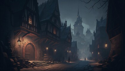 Obraz premium A street in a medieval fantasy town at night, Generative AI