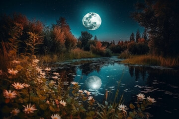 Fototapeta na wymiar Night landscape environment harvest moon over a glittering lake lush vegetation birchwood trees, flowers, magical galaxy. AI generative