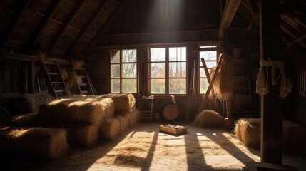 Rustic barn interior, with bales of hay and antique farm equipment. The sun is shining through the windows, casting a warm glow. generative ai