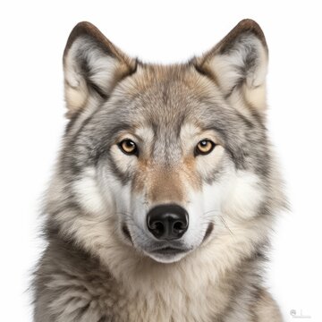 Wolf, face shot isolated on white background. generative ai