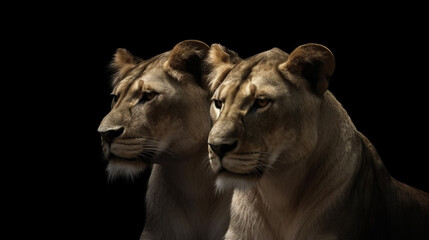 Obraz na płótnie Canvas Lion couple in love. Portrait of a male and female lion.generative ai