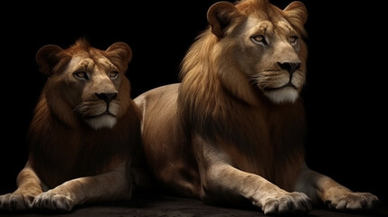 Fototapeta na wymiar Lion couple in love. Portrait of a male and female lion.generative ai