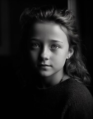 female model, childlike innocence style, serene face, black and white, generated in AI