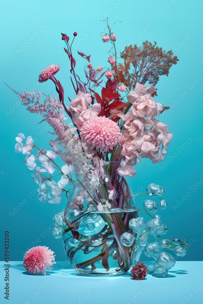 Poster placed on top of a table is a vase that is overflowing with flowers. generative ai