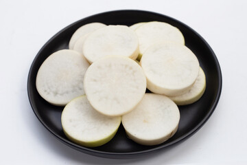 Sliced Japanese daikon. Fresh vegetables