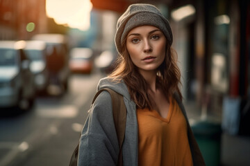 young adult woman is outside, everyday life in the city, on the go. Generative AI