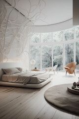 Aesthetic sculptural minimal white modern bedroom with light wood floors. AI generative
