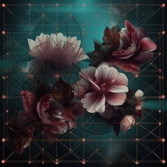 Flowers with Metallic Geometric Lines Tech Grid Forms Shapes Generative AI