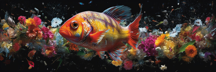 Fish in Flowers Elaborate Illustration. Generative ai