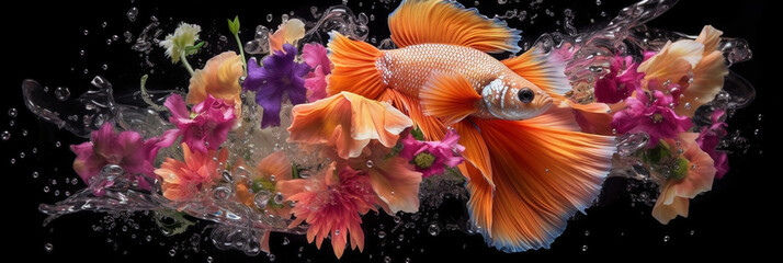 Fototapeta na wymiar Betta Fish in Flowers Elaborate Illustration. Generative ai