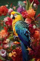 Illustration of Blue and Orange Parakeet Parrot in Beautiful Colorful Flowers. generative ai
