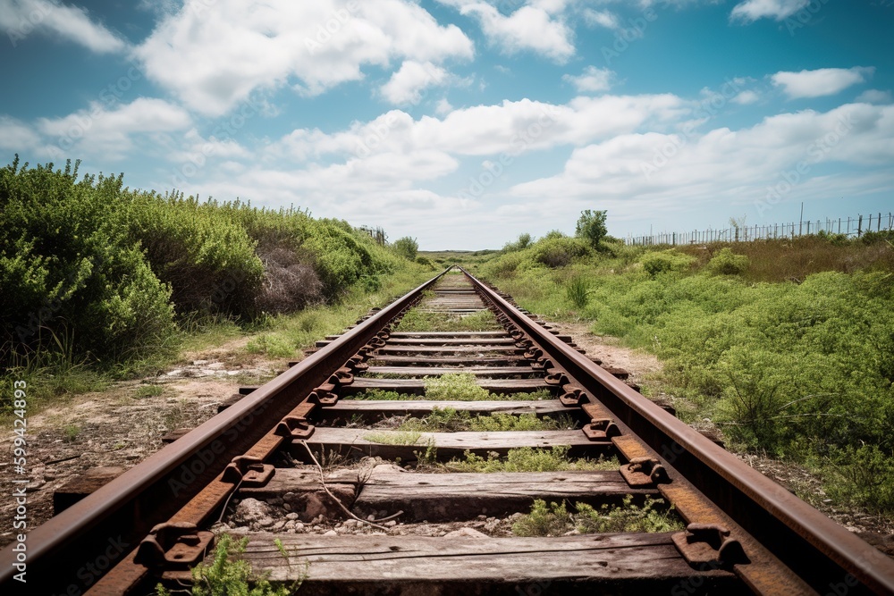 Poster a railroad track that winds its way through a verdant and leafy landscape generative ai
