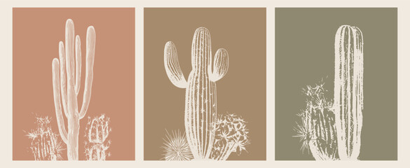 Desert Cactus Boho Earthy Warm Colors Minimalist Vector Illustration Set of 3 - 599424881