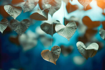 Heart paper leaves hanging on a colorful background, Generative AI