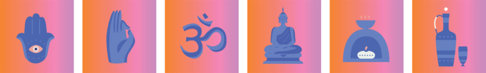 Om on the background of a lotus. Yoga icons. Relaxing environment. Cartoon flat style. Concept of meditation. Healthy lifestyle. Instagram Highlights covers.