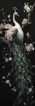 mural background white peacock on branch wallpaper. AI generative
