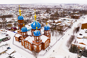 Top view of the Church of the Intercession of the Most Holy Theotokos and residential areas in city Petrovsk, Russia...