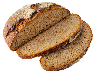 round loaf of rye bread sliced isolated on white background