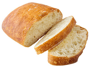 loaf of white wheat bread ciabatta sliced on white background