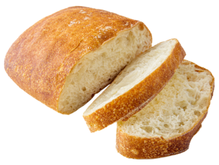 loaf of white wheat bread ciabatta sliced on white background