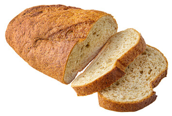 loaf of white wheat bread sliced on white background